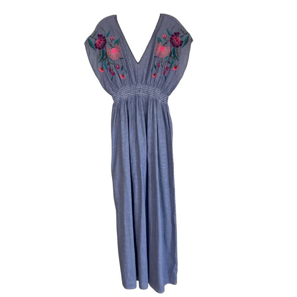 See And Be Seen Sz L Floral Embroidered Maxi Dress Striped Smocked Waist Beachy - Picture 2 of 16